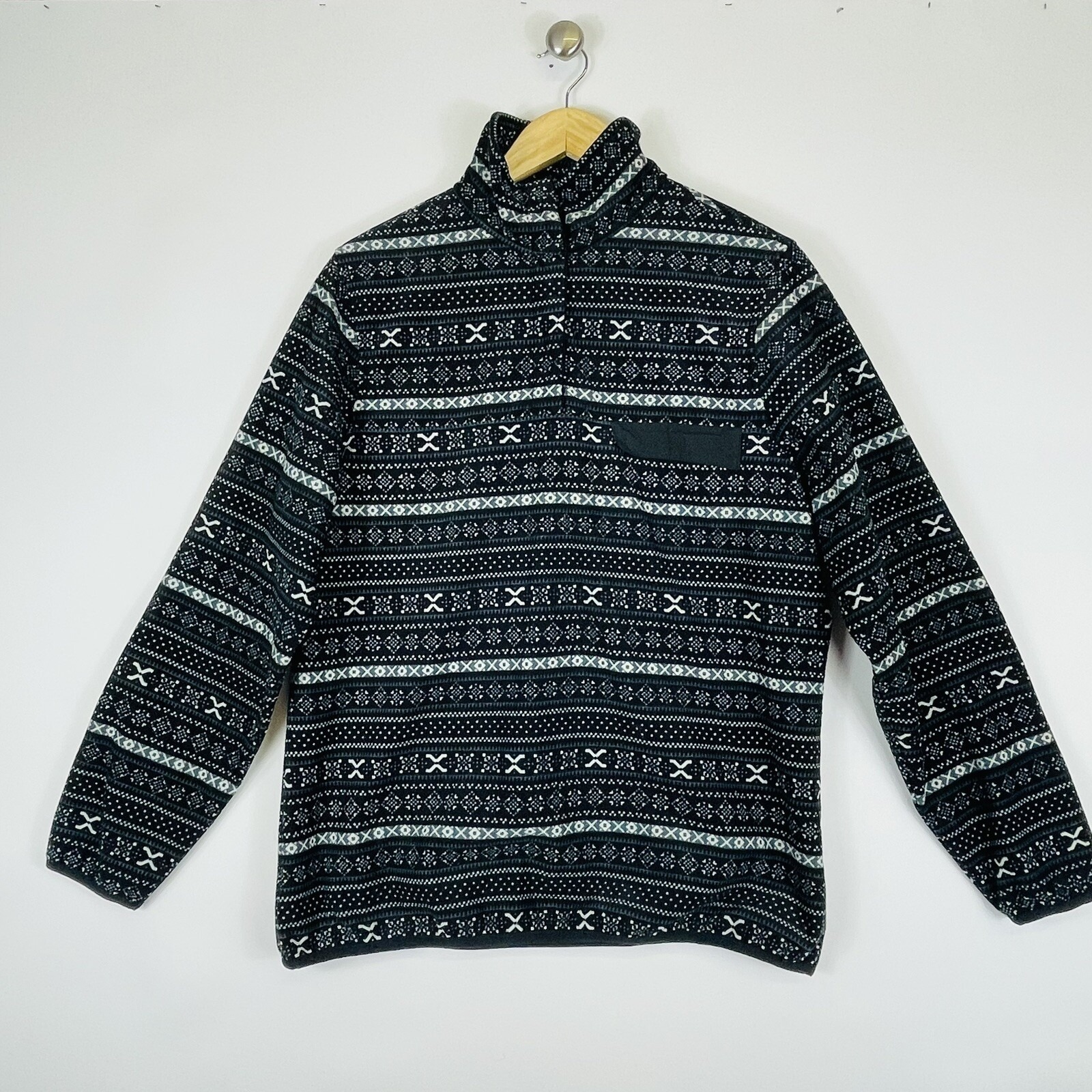 Jachs Cabin Fleece Jacket Womens Medium Black White Fair Isle Mock Neck Coat